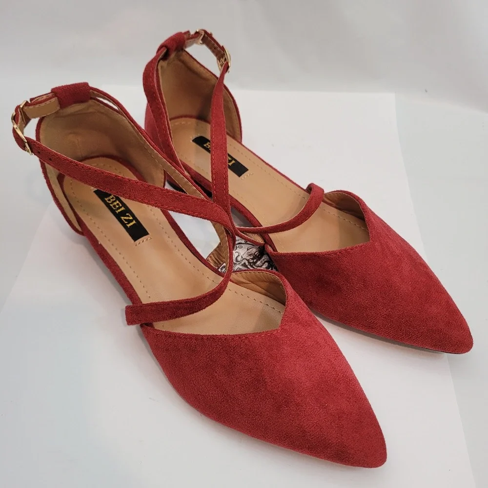 BEI ZI Pointed Toe Flats Womens Red Faux Suede Crisscross Ankle Strap 903-28-40